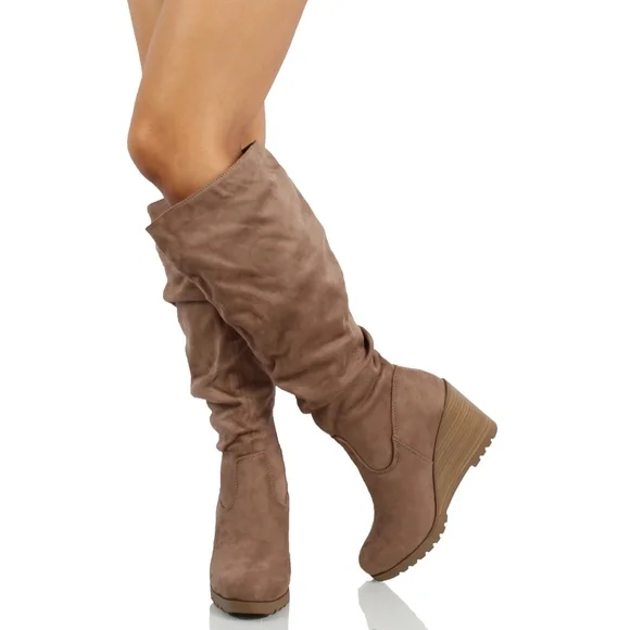 Taupe Faux Suede Slouchy Stacked Wedge Knee High - Picture 5 of 12